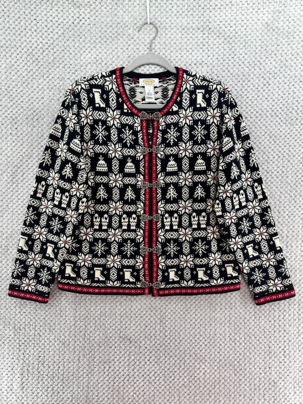 VTG Talbots Nordic Cardigan Womens LP Black Novelty Christmas Ornate Metal Clasp